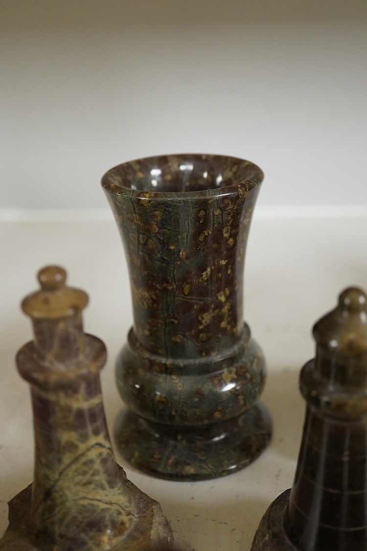 A collection of cornish serpentine to include a desk thermometer, map base and pin dish, largest 19cm high